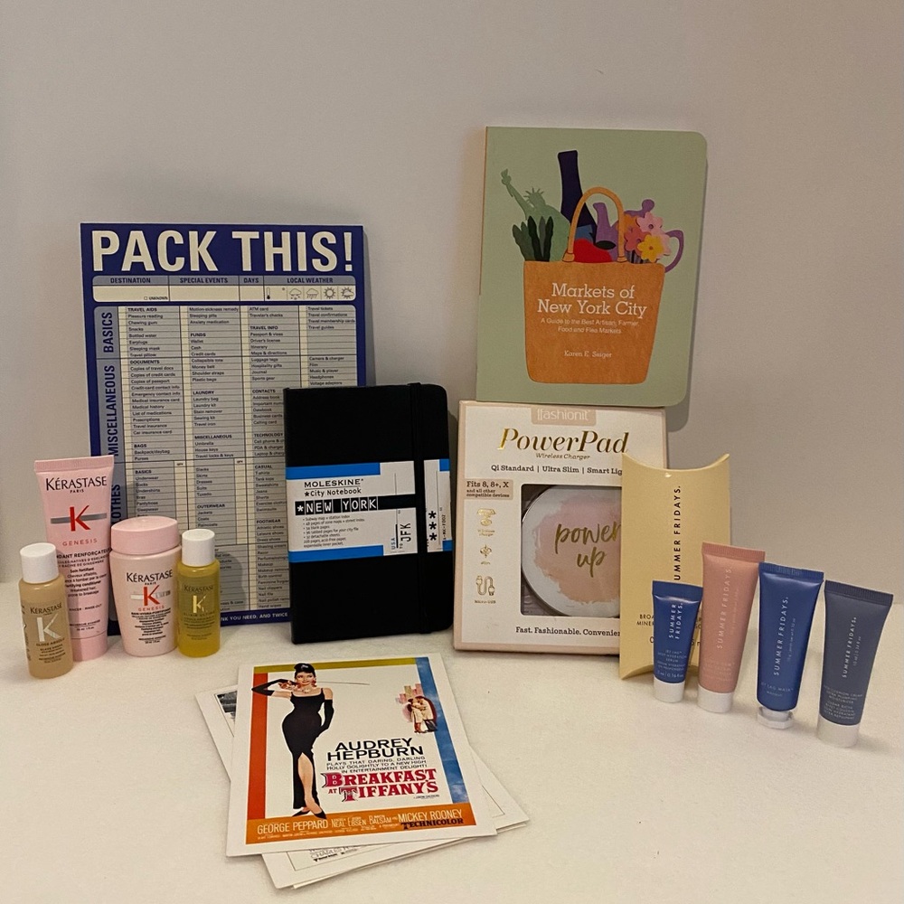 Travel/New York/Skin Care/Hair Samples/PowerPad/Everything in photo.